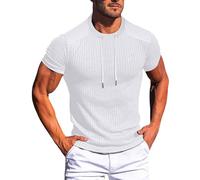 Camiseta de punto acanalado para hombre, casual, de manga corta, cuello redondo, ligera, para entrenamiento, gimnasio, blanco, XL