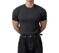 Camiseta de Punto Acanalado para Hombre, Manga Corta, Cuello Redondo, Corte Ajustado, elástica, Estilo musculoso, Informal, con Textura, básica, Tipo Jersey.