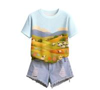 Camiseta de punto de manga corta con cuello redondo, estructura de hilo informal, cómoda para el día a día, camiseta para mujer, azul claro, 5XL