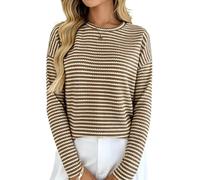 Camiseta de punto para mujer, cuello redondo, de manga larga, para otoño, uso diario, con textura de dos tonos y fácil cuidado, estilo casual, suéter de punto de manga larga de dos tonos, marrón, M