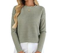 Camiseta de punto para mujer, cuello redondo, de manga larga, para otoño, uso diario, con textura de dos tonos y fácil cuidado, estilo casual, suéter de punto de manga larga de dos tonos, verde, XL