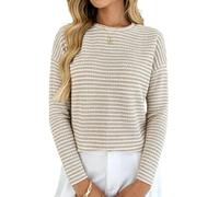 Camiseta de punto para mujer, cuello redondo, de manga larga, para otoño, uso diario, con textura de dos tonos y fácil cuidado, estilo casual, suéter de punto de manga larga de dos tonos, albaricoque