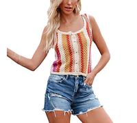 Camiseta de Punto sin Mangas para Mujer Camiseta de Tirantes de Ganchillo sin Mangas para Verano Elegante Camiseta de Tirantes con Bloques de Color Camiseta de Tirantes de Playa a Rayas Casual Tops