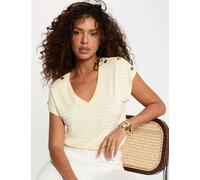 Camiseta de rayas con cuello v amarillo pastel mujer M