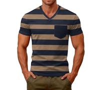 Camiseta de rayas para hombre, bloque de colores veraniego, transpirable, con bolsillo en el pecho, elástica, cuello en V, manga corta, camiseta funcional, camiseta de ocio, ligera y elegante, D-caqui