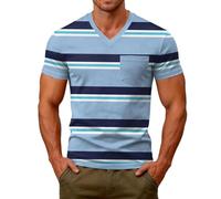 Camiseta de rayas para hombre, bloque de colores veraniego, transpirable, con bolsillo en el pecho, elástica, cuello en V, manga corta, camiseta funcional, camiseta de ocio, ligera y elegante, F-azul