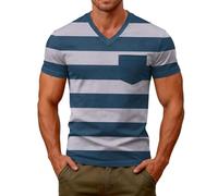 Camiseta de rayas para hombre, bloque de colores veraniego, transpirable, con bolsillo en el pecho, elástica, cuello en V, manga corta, camiseta funcional, camiseta de ocio, ligera y elegante, Azul