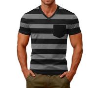 Camiseta de rayas para hombre, bloque de colores veraniego, transpirable, con bolsillo en el pecho, elástica, cuello en V, manga corta, camiseta funcional, camiseta de ocio, ligera y elegante, D-gris