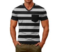 Camiseta de rayas para hombre, bloque de colores veraniego, transpirable, con bolsillo en el pecho, elástica, cuello en V, manga corta, camiseta funcional, camiseta de ocio, ligera y elegante, D-light