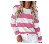 Camiseta de rayas para mujer, cuello redondo, básica, camiseta de manga larga, camiseta de manga larga T Y2k, jersey rojo, camiseta de rayas extragrande, parte superior boho, 01 Rosa, L