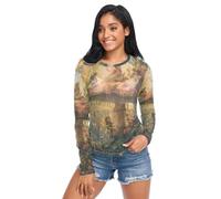 Camiseta de red de cuento de hadas para mujer, tops transparentes para mujer, sexy, S-XXL, Escena de cuento de hadas, XXL
