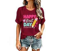 Camiseta de regreso a la escuela para mujer camiseta de manga corta impresa lindo patrón de campus escolares camiseta de moda y casual superior para regresar a la escuela maestros y estudiantes, 03
