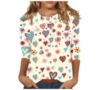 Camiseta de San Valentín Cuello Redondo, Manga 3/4, Camiseta de San Valentín, Camiseta de Mujer con Mangas, Camiseta Impresión 3D Tops de Moda para Mujer 2024, Blanco, 3XL