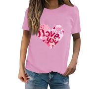 Camiseta de San Valentín para niñas, camiseta de manga corta con estampado de amor simple, camiseta de manga corta, camiseta casual Top Trajes de moda para mujer 2024, Rosa., XXL