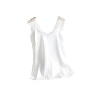Camiseta de seda con tirantes de encaje para mujer, cuello en V, sin mangas, satén elástico, malla de seda, chaleco básico para mujer, blanco, XXXXL