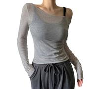 Camiseta de segunda piel de mujer Tops transparentes de malla con hombros descubiertos para mujer,Camisas de manga larga transparente,Trajes de noche y club, gris, XL