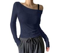 Camiseta de segunda piel de mujer Tops transparentes de malla con hombros descubiertos para mujer,Camisas de manga larga transparente,Trajes de noche y club, azul marino, L