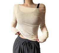 Camiseta de segunda piel de mujer Tops transparentes de malla con hombros descubiertos para mujer,Camisas de manga larga transparente,Trajes de noche y club, caqui, L