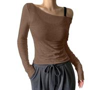 Camiseta de segunda piel de mujer Tops transparentes de malla con hombros descubiertos para mujer,Camisas de manga larga transparente,Trajes de noche y club, café, S