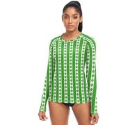 Camiseta de senderismo con protección solar UV para mujer, respetuosa con la piel, protección contra erupciones UPF 50+, talla XS, Trébol pequeño sobre rayas verdes anchas, S