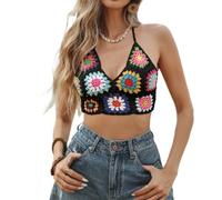 Camiseta de tirantes de acrílico suave para colgar, con bloques de ganchillo, sin mangas, adecuada para ocasiones informales, blusa de tela acrílica suave, Negro, L