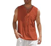 Camiseta de tirantes de algodón y lino para hombre, color blanco, verano, sin mangas, camiseta de playa, verano, hippie, camiseta deportiva, informal, Hawaii, camisa medieval, de secado rápido, Funky