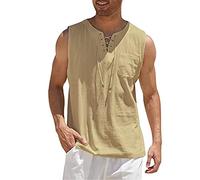 Camiseta de tirantes de algodón y lino para hombre, color blanco, verano, sin mangas, camiseta de playa, verano, hippie, camiseta deportiva, informal, Hawaii, camisa medieval, de secado rápido, Funky