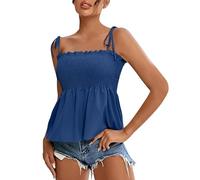 Camiseta de tirantes de espagueti ajustable para mujer, suave, transpirable, cuello redondo plisado, sin mangas para mujer, corte holgado, estilo casual y moderno, dobladillo curvado, liso, 01#bu1, S