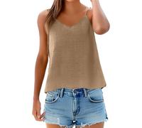 Camiseta de tirantes de lino para mujer, de verano, de algodón, sin mangas, de verano, holgada, cuello en V, básica, de verano, monocolor, blusa de muselina, caqui, XXL