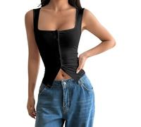 Camiseta de tirantes de moda con botones, sin mangas para ropa informal, aspecto de capas, ajuste elástico, para excursiones de verano, camiseta básica versátil, Negro , XL