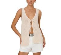 Camiseta De Tirantes De Punto De Crochet para Mujer, Estilo Bohemio, Sin Mangas, con Escote En V Profundo, con Lazo, Tipo Cárdigan, De Verano, De Color Liso, Estilo Vintage, Informal, Versátil, Es