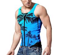 Camiseta de tirantes genérica para hombre casual 3D impresa borde de mar palmera puesta de sol impresa camiseta estilo Hawaii para vacaciones playa, azul, XL