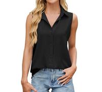Camiseta de tirantes informal sin mangas para mujer con botones y solapa, cuello de pico, suelta, camiseta de verano, elegante, monocolor, informal, blusa de trabajo, camiseta ligera de verano, Negro