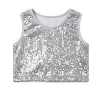 Camiseta de tirantes para disfraz de coro con lentejuelas, elástico, para niños, de rendimiento, brillante, para el exterior, O Silver, 140 cm