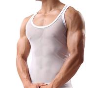 Camiseta de tirantes para hombre, de malla, transparente, con cuello redondo, camiseta de malla, para hombre, sin mangas, clubwear, Blanco, 3XL