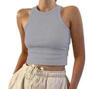 Camiseta de tirantes para mujer, corte ajustado, para verano 2025, acanalada, cuello redondo, básica, monocolor, ajustada, elástica, informal, transpirable, de cintura corta, con cinching, camiseta