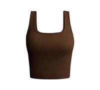 Camiseta de tirantes para mujer, deporte, ajustada, para mujer, fitness, top fino, tirantes de alta acanalada, camiseta de yoga, top informal, correr, de color liso, sin mangas, tops, café, L