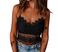 Camiseta de tirantes para mujer, encaje, corsé y cuello en V, liso, sin mangas, soporte corto, informal, blusa para mujer, Chic Top, Le Noir, S