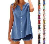 Camiseta de tirantes para mujer, informal, sin mangas, de algodón y lino, monocolor, para verano, cuello en V, con botones, para playa, sexy, sin mangas, blusa holgada, Blanco, L