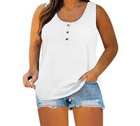 Camiseta de tirantes para mujer, talla grande, holgada, cuello redondo, sin mangas, ligera, lisa, para gimnasio, deportes, color sólido, con botones frontales, cómoda camiseta básica, blanco, 3XL