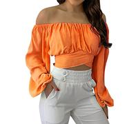 Camiseta de tubo con hombros descubiertos para mujer, sin tirantes, manga farol, para cita, noche, bandeau, linda, plisada, sin espalda, para salir, con lazo en la espalda, hombros descubiertos