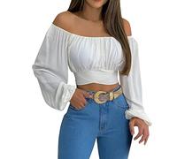 Camiseta de tubo con hombros descubiertos para mujer, sin tirantes, manga farol, para cita, noche, bandeau, linda, plisada, sin espalda, para salir, con lazo en la espalda, hombros descubiertos