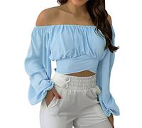 Camiseta de tubo para mujer, sin tirantes, plisada, bandeau, sin espalda, para playa, hombros descubiertos, ropa de verano Y2K, manga farol, camiseta de tubo, azul, M