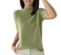 Camiseta de verano básica de punto para mujer, cuello de media altura, acanalado, manga corta, informal, cómoda, elástica, suave, transpirable, camiseta para el día a día para mujer, verde, S
