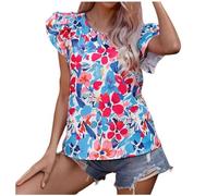 Camiseta de verano con estampado floral para mujer, cuello redondo, cordones, doble capa, manga corta, manga corta, top 50, RD2., M