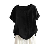 Camiseta de verano de algodón y lino para mujer, camiseta de manga corta, camiseta con botón chic y elegante, cuello redondo, talla grande, informal, camiseta básica, camiseta S-5Xl, Negro , 5X-Large