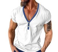 Camiseta de verano de manga corta para hombre, cuello en V profundo, camiseta de corte bajo, camiseta con cuello en V, camiseta ajustada con botones, camiseta casual de vacaciones, blusa de playa,