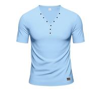 Camiseta de verano de manga corta para hombre, ligera, holgada, delgada, cuello en V, diseño de botones, camisa de manga corta para interiores y exteriores, deportes, vida diaria, azul claro, XL