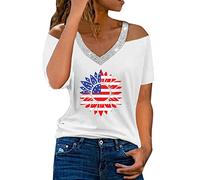 Camiseta de verano estampada con cuello en V para mujer, hombros descubiertos, camiseta de manga corta, blusa superior blanca para mujer, Blanco, M