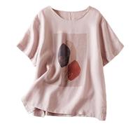 Camiseta de verano ligera e informal para mujer, mezcla de algodón y lino, estampado artístico, corte holgado, camiseta de manga corta, tallas grandes, Rosa claro., XXL